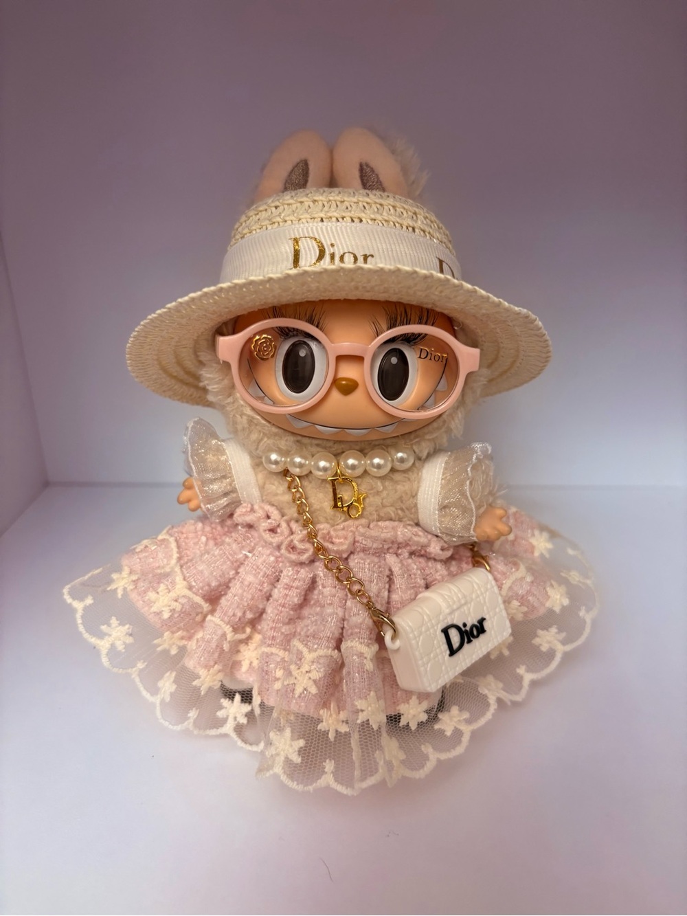Dior Pink Lace Doll Outfit with White Logo Hat and Mini Purse